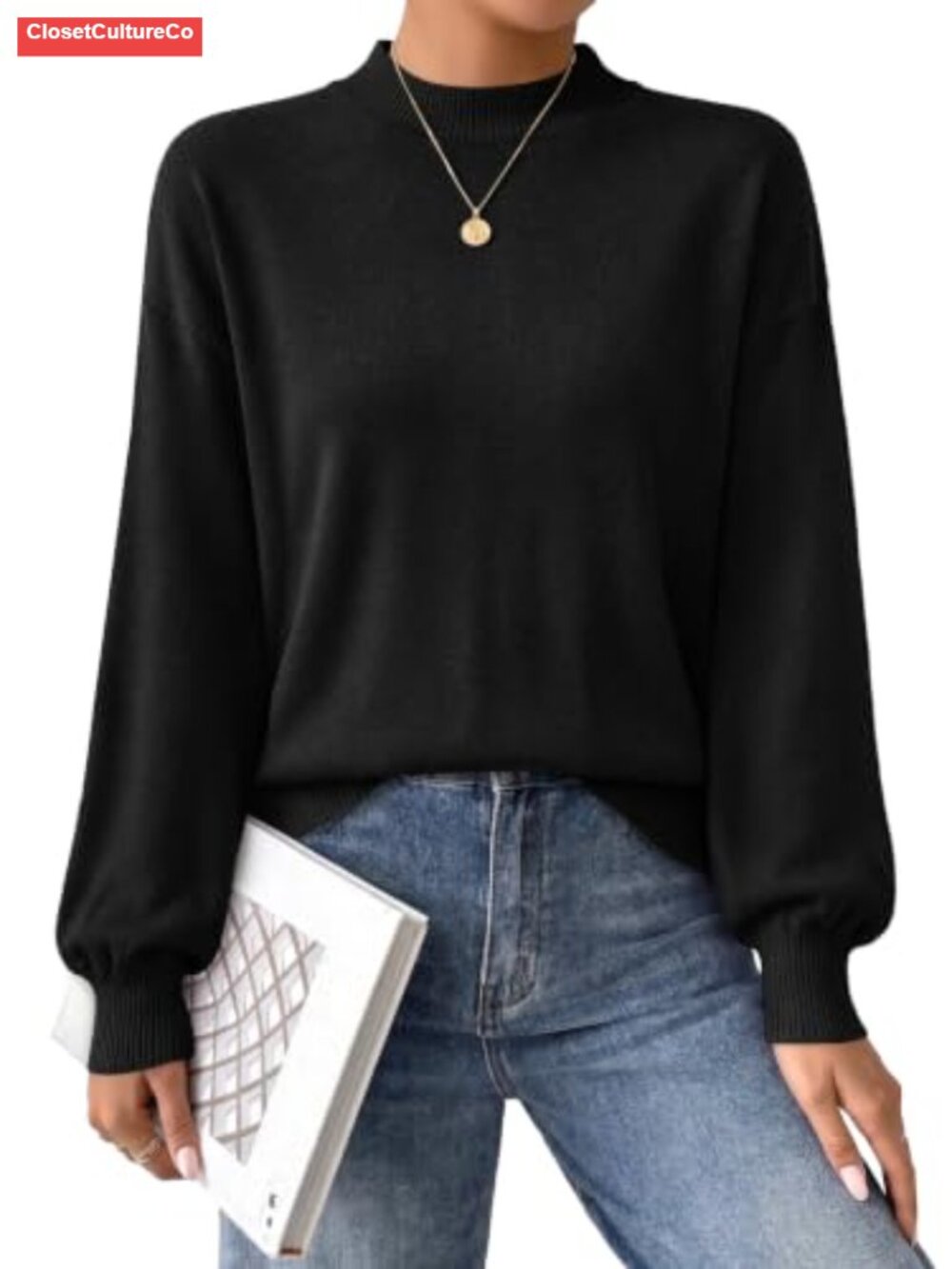 Womens Mock Neck Sweater Lightweight Puff Sleeve Pullover Fall Winter Top